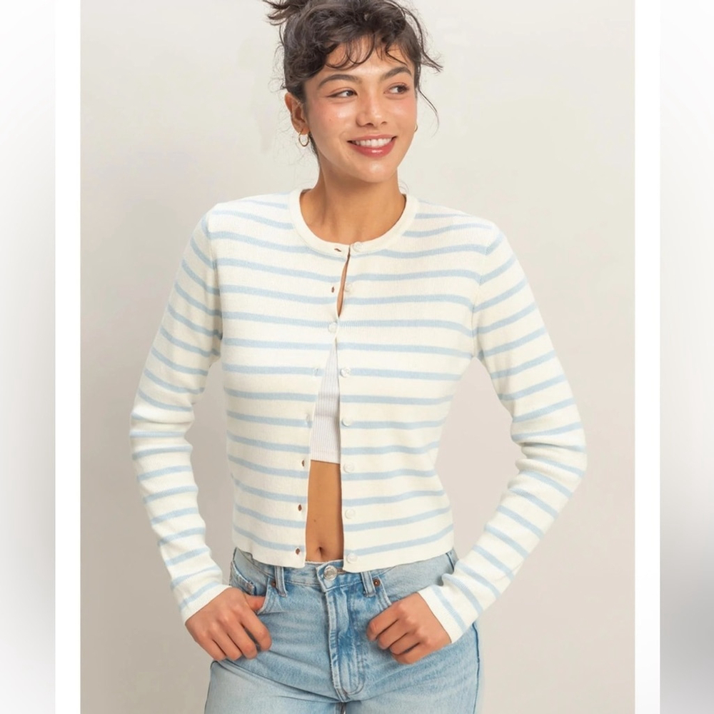 NEW Double Zero Ice Blue Striped Button Cardigan S M L